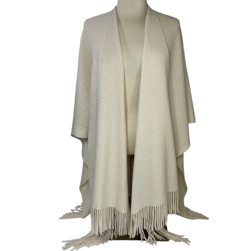Fringe Wrap Sweater Shawl Duster Cape Poncho Ivory Cream Off White Tan Beige